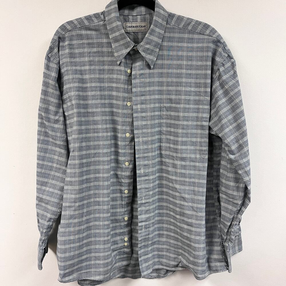Men's Corporate Gear blue gray plaid long sleeve button down shirt 100% cotton